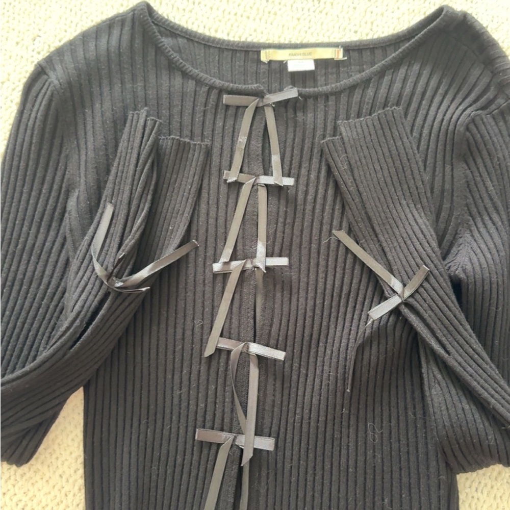 Kimchi Blue Black Ribbed Cardigan with Bow Accents